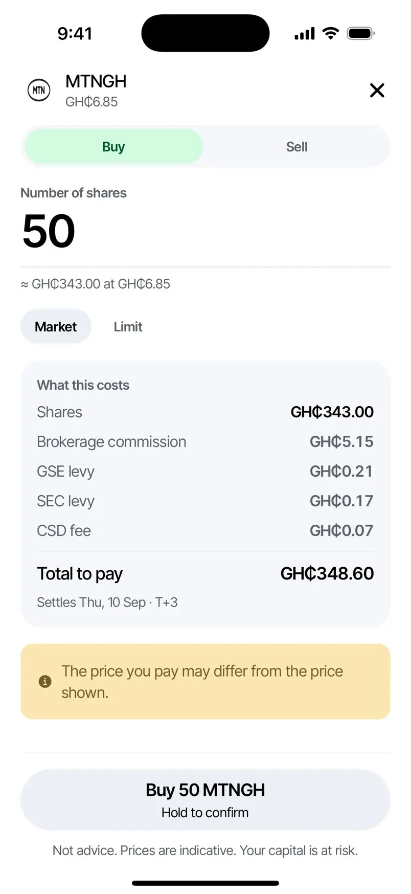 An order for 50 MTN Ghana shares at GH₵6.85, itemised: GH₵343.00 of shares, GH₵5.15 brokerage, GH₵0.45 of levies, GH₵348.60 to pay.