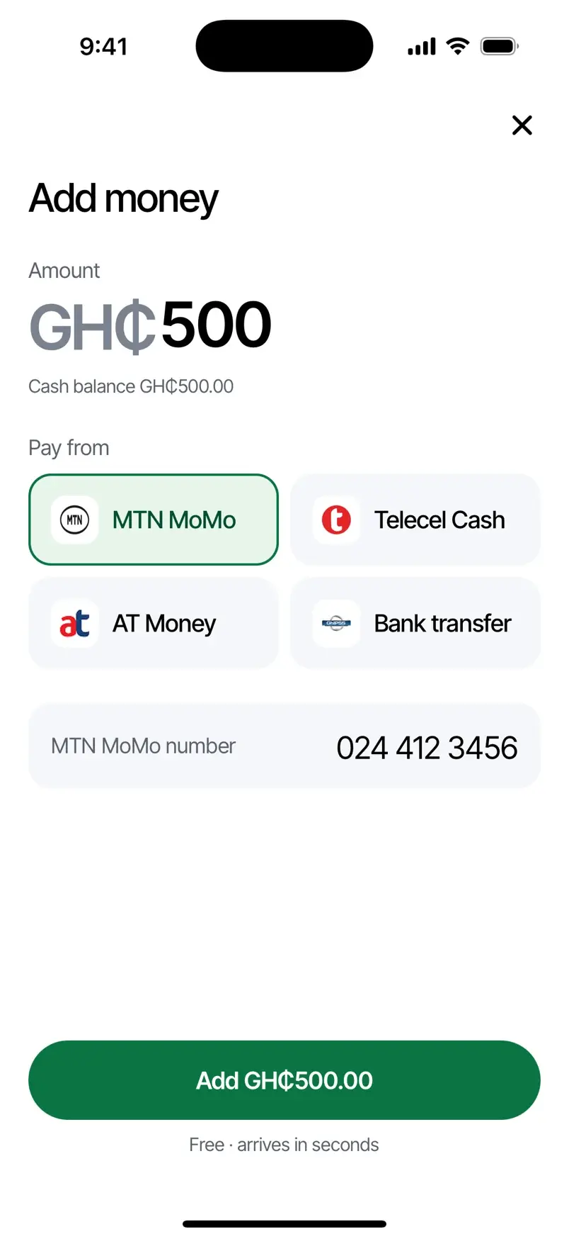 Adding GH₵500 to the Abedua wallet from MTN MoMo, with Telecel Cash, AT Money and bank transfer as the other options.