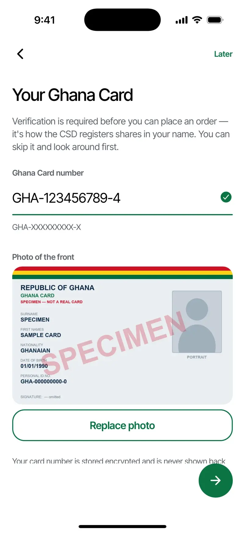 The Abedua sign-up asking for a Ghana Card number and a photo of the card front.